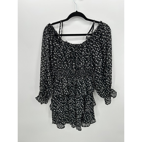 Justify Dresses & Skirts - Black Floral Cottagecore Mini Dress Sz L Ruffle Peasant‎ Feminine Boho Picnic